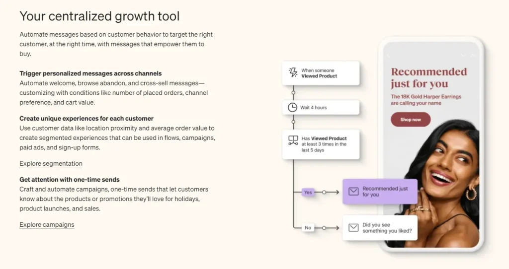 Klaviyo’s automated email flow system allows ecommerce businesses to create targeted, personalized email campaigns that run on autopilot