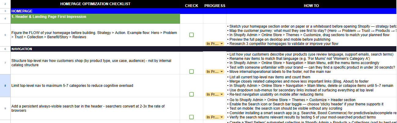 Preview of the Soodo Shopify Optimization Checklist in Google Sheets, showing the homepage checks with a how-to column