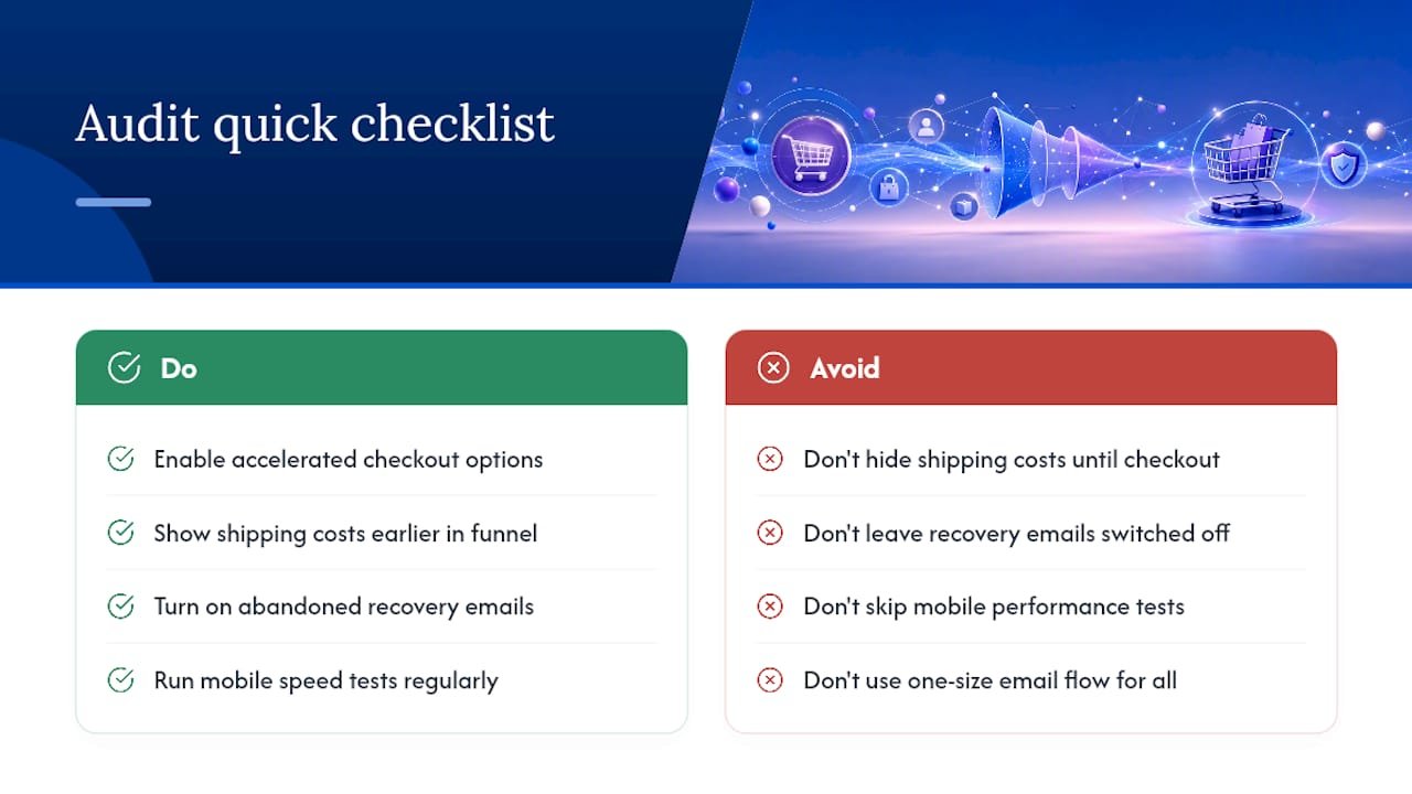 Recover 10–30% from Shopify Cart Abandonment with Soodo Founder Audit Eight Shopify checkout audit checkpoints