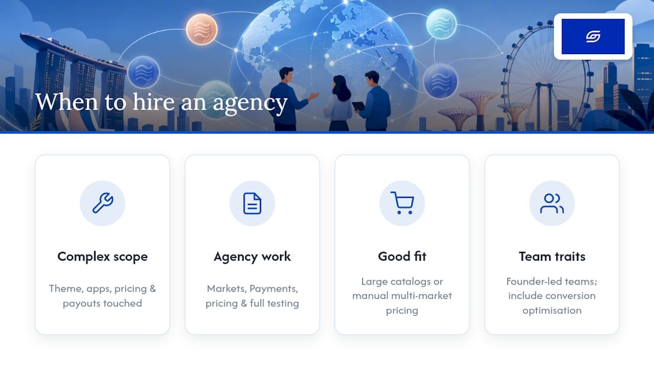Avoid 1–1.5% Payout Fees: Shopify Multi-Currency for Singapore When to hire an agency: how Soodo implements multi-currency without margin leakage — overview diagram
