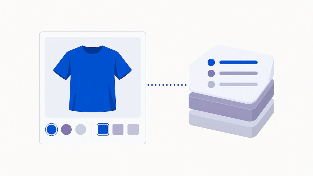 Shopify Product Options: Maintainable Builds Beyond 3 Axes Product variants beside separate metadata layers