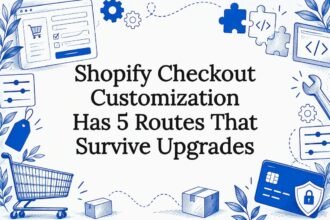 Sketches framing a Shopify checkout title