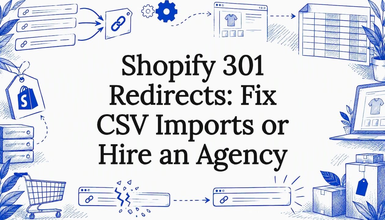 Hand-drawn redirect paths and CSV motifs frame title